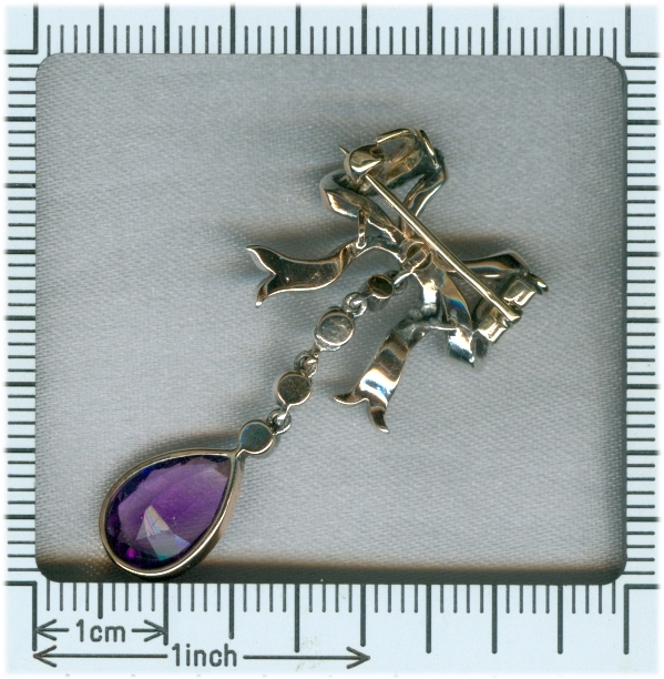 Victorian bow pin with diamonds pearl and amethyst